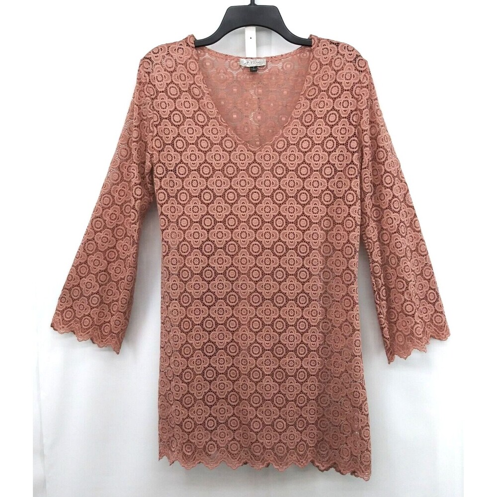J Valdi Shirt Womens Size S Blush Crochet Lace 3/4 Sleeve V-Neck Tunic Top